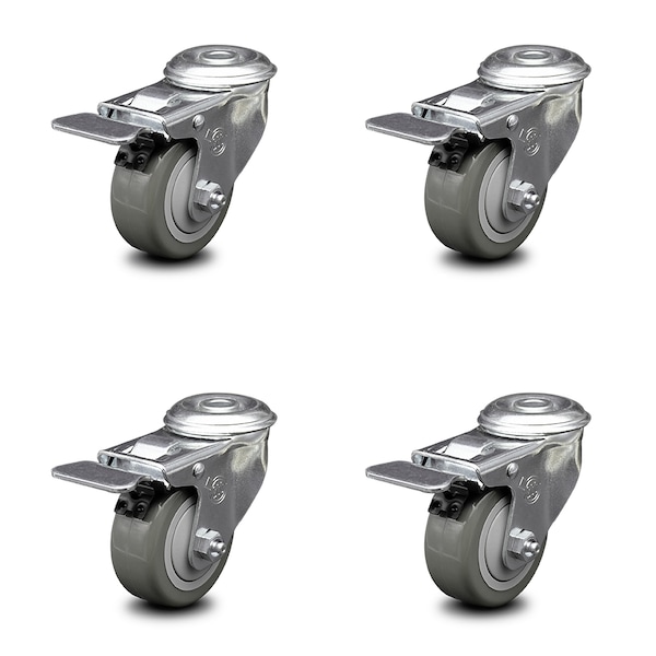 3.5 Inch Gray Polyurethane Swivel Bolt Hole Caster Set with Total Lock Brake